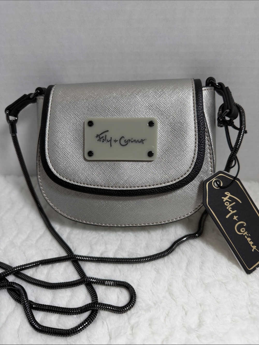 Foley + Corinna Metallic Silver Crossbody with Black Trim
